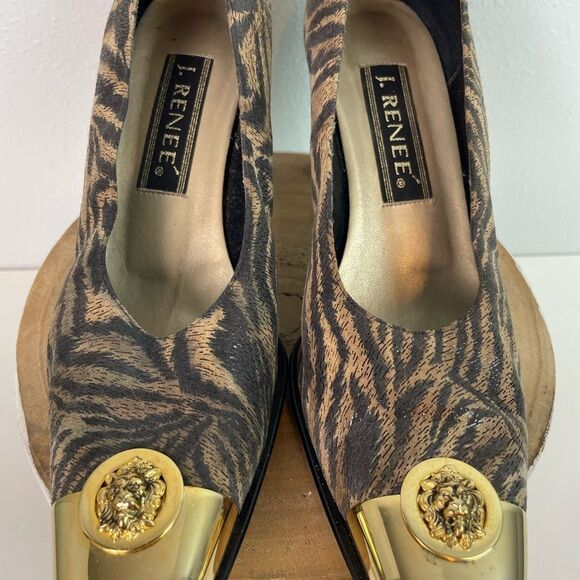 J. Renee Gold and Brown Tiger Patterned Chunky Heels Size 8M EUC - Picture 3 of 7